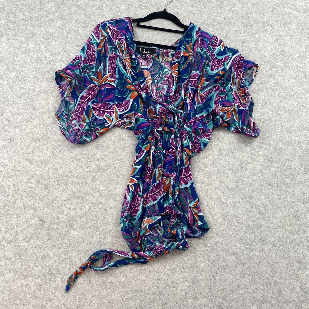 Lulus Romper Womens XS Multicolor Tropical Leaf Kimono Sleeve Belted V Neck
